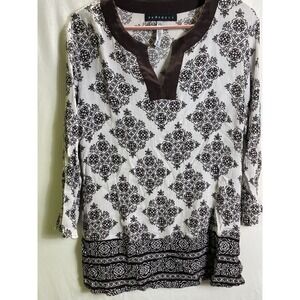 Prophecy Shirt women L white and brown Geo patterned 3/4 sleeve tunic top‎ Boho